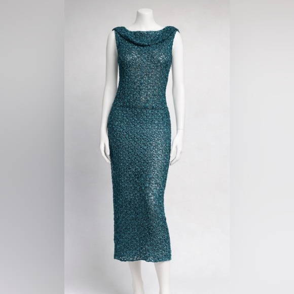 Vintage Vivienne Tam Metallic Blue Woven Crochet Dress Cowl Neck S NWOT Rare - Picture 3 of 11